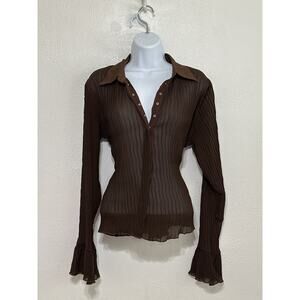 VTG Sheer Pleated Blouse Flutter Sleeve Cuffs S Brown Coquette Trendy City Chic